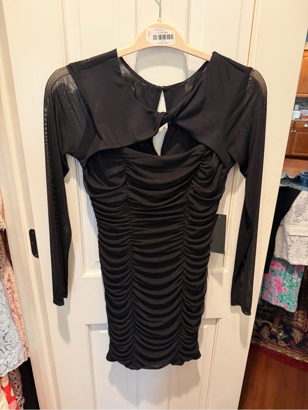 Black Ruched Long-Sleeve Sheer-Panel Bodycon Dress